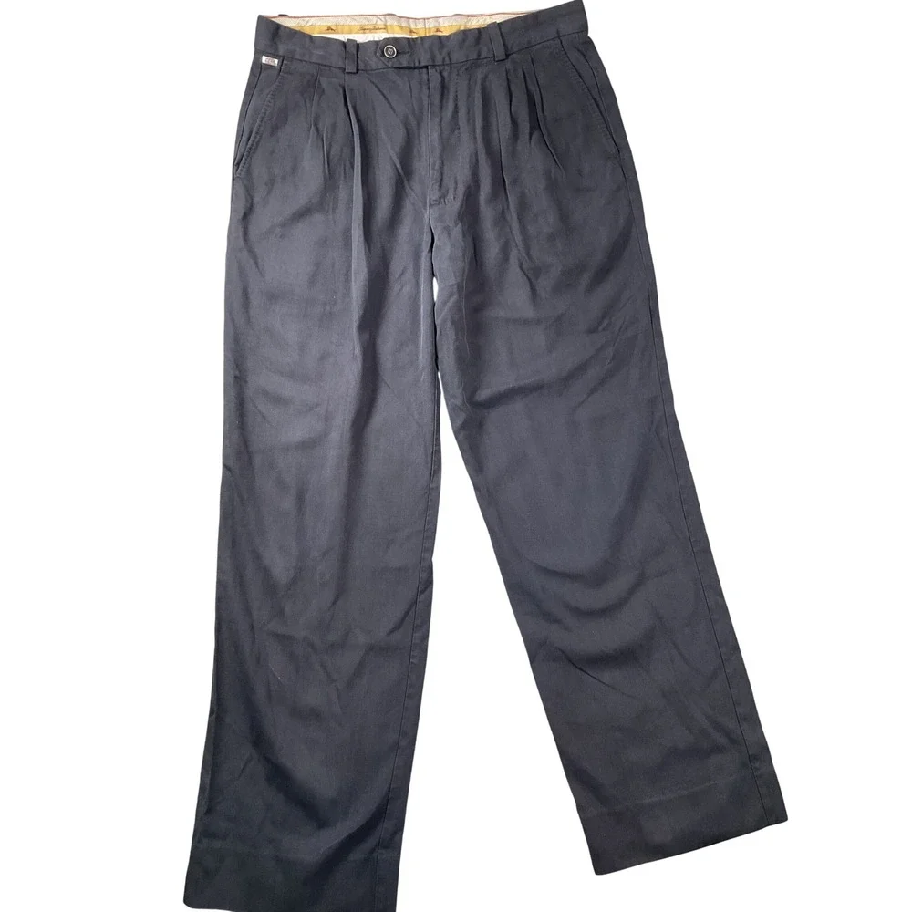 Tommy Bahama Pleated Dress Pants Mens 33x34 Black Silk blend Herringbone Trouser
